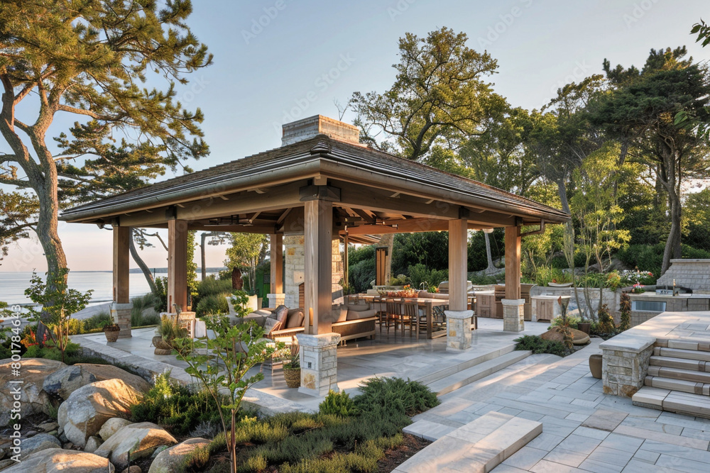 A seaside Craftsman villa with an open-air pavilion, outdoor kitchen, and direct access to a private beach, ideal for coastal living and entertaining. A seaside Craftsman villa with an open-air pavilion, outdoor kitchen, and direct access to a private beach, ideal for coastal living and entertaining.