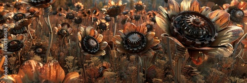 A field of giant, steampunkinspired metal flowers swaying gently in the breeze, gears and pistons whirring within their petals   photo