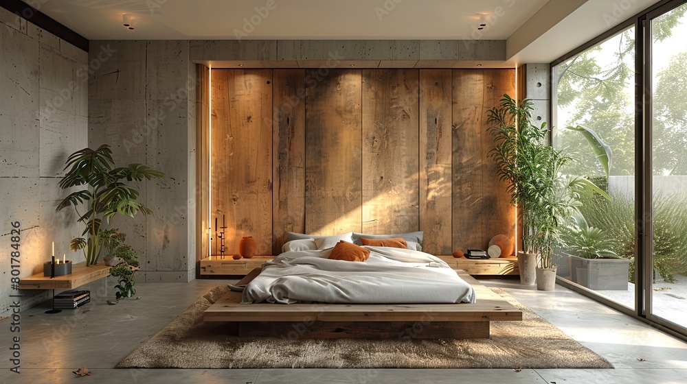 A visualization of a modern and contemporary loftstyle bedroom featuring a refreshing tropical garde A visualization of a modern and contemporary loftstyle bedroom featuring a refreshing tropical garde