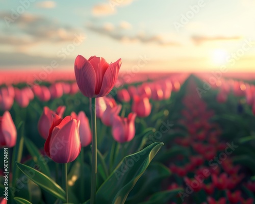 A flat illustration of a blooming tulip field receding into the distance, with a single, detailed tulip in the foreground 
