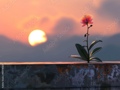 A lone, metallic orchid perched atop a weathered metal beam, bathed in the warm glow of a setting sun 