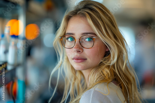 Blonde Woman with Glasses in Natural Light at a Cafe