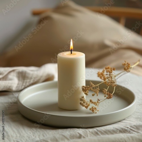 candle burning sitting on a ceramic modern tray