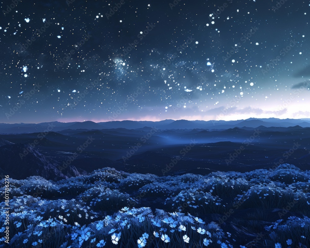 A panoramic view of a vast metallic flower garden stretching towards the horizon under a starlit night sky  