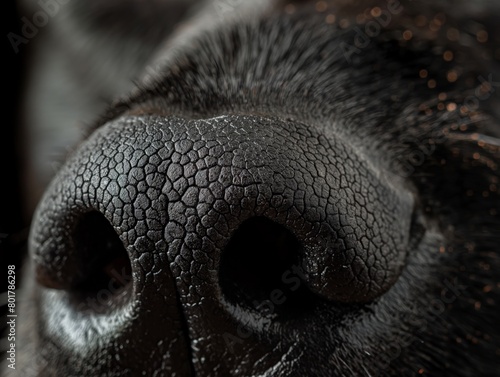 Macro shot highlighting the unique texture and details of a canine nose with visible fur.