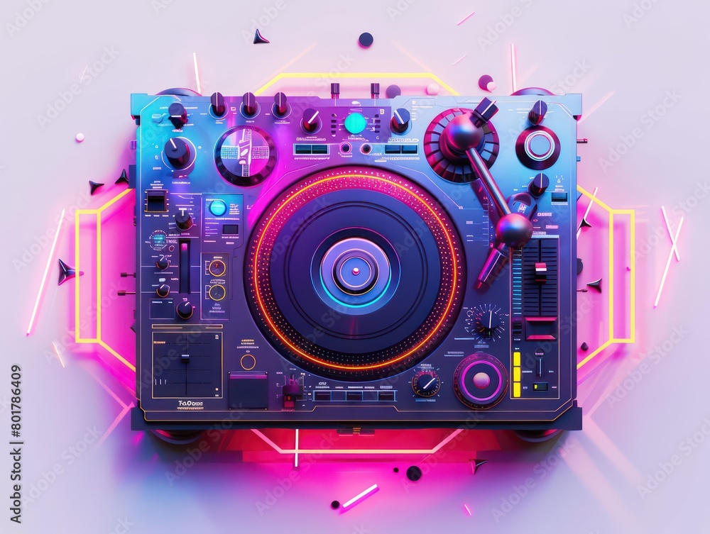 Fototapeta premium vibrant DJ turntable surrounded by neon lights and geometric patterns