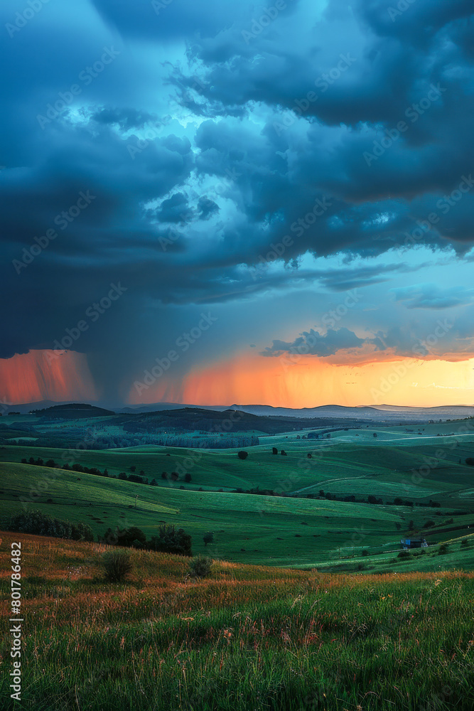 A stormy sky with a beautiful sunset in the background