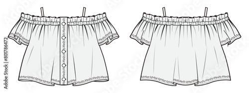 Women’s  Blouse, Crop top, Front and Back View Vector Fashion Illustration , CAD, Technical Drawing, Flat Drawing, Mockup, Template.