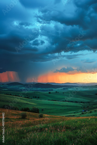 A stormy sky with a beautiful sunset in the background
