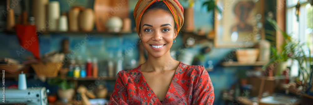 Radiant Young Woman in Vibrant African Attire Inside a Rustic Kitchen