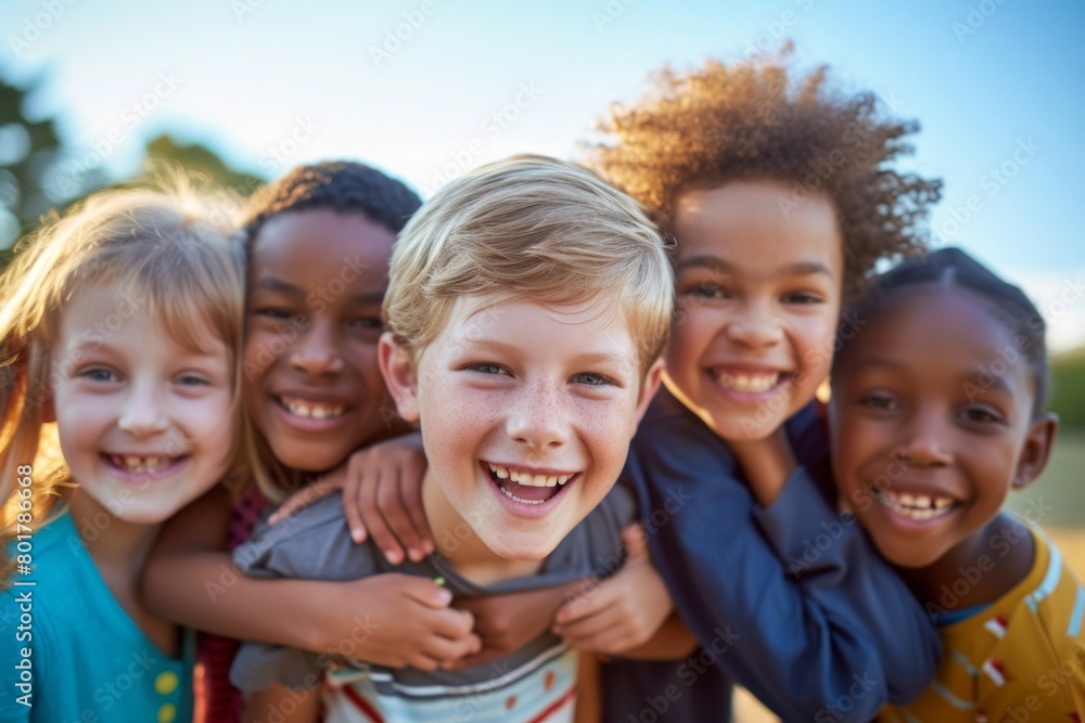 Portrait of a group of smiling children standing together in the park Portrait of a group of smiling children standing together in the park
