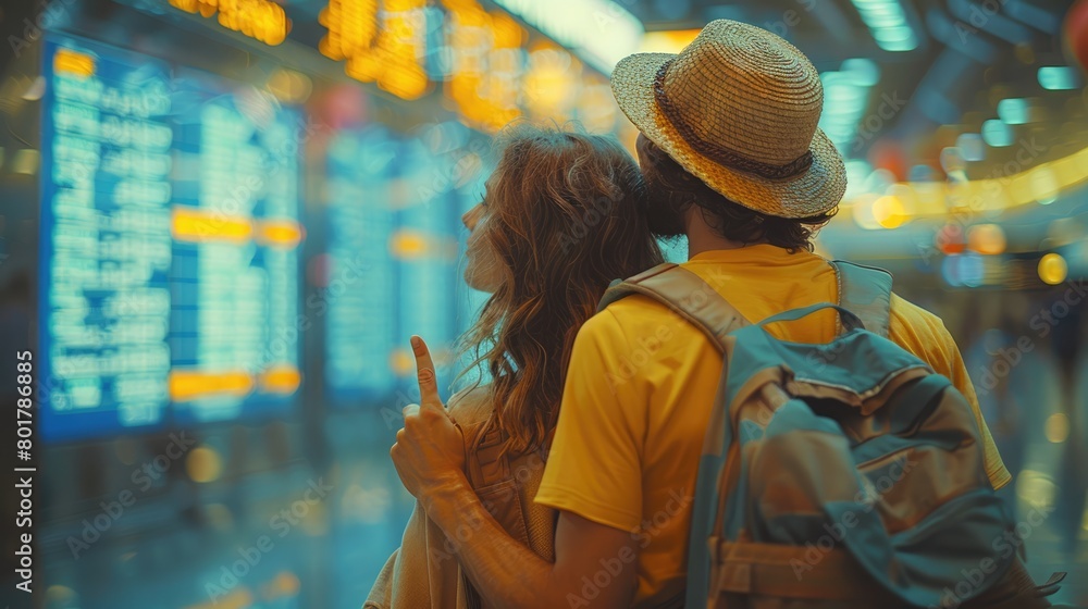 happy couple with a backpack stands at the airport near the departure board, looking to departure board. Summer travel concept. happy couple with a backpack stands at the airport near the departure board, looking to departure board. Summer travel concept.