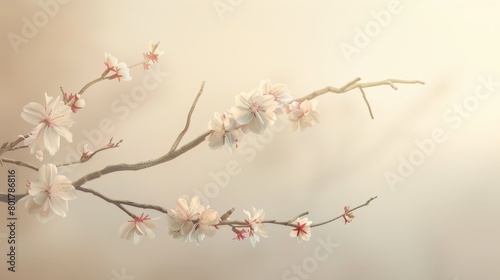 A single, blossoming cherry branch against a pale, ethereal background, symbolizing fleeting beauty and impermanence 