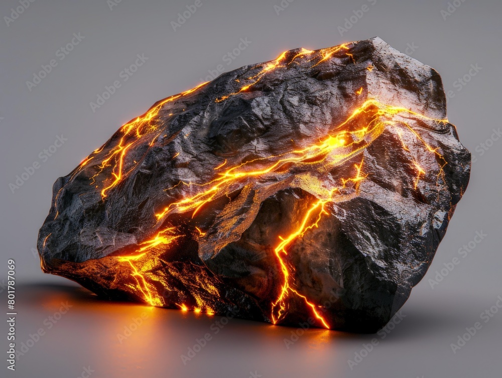 A smooth, obsidianlike rock with glowing veins of molten gold running through it A smooth, obsidianlike rock with glowing veins of molten gold running through it