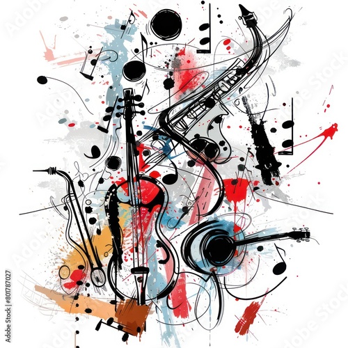 scribble design musical instruments such as guitars  saxophones  and notes intertwined in an abstract layout