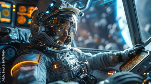A man in a space suit is sitting in a cockpit of a spaceship photo
