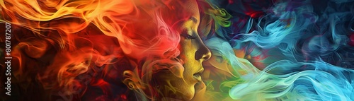 A swirling vortex of colorful smoke that seems to hold a face within its depths 