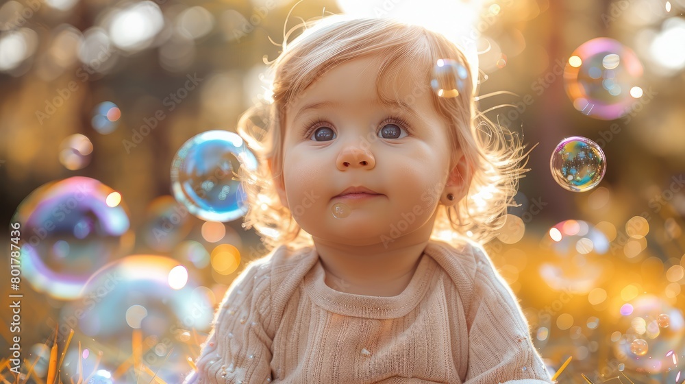 cute baby sitting on grass in park with soap bubbles around at summer sunny day.