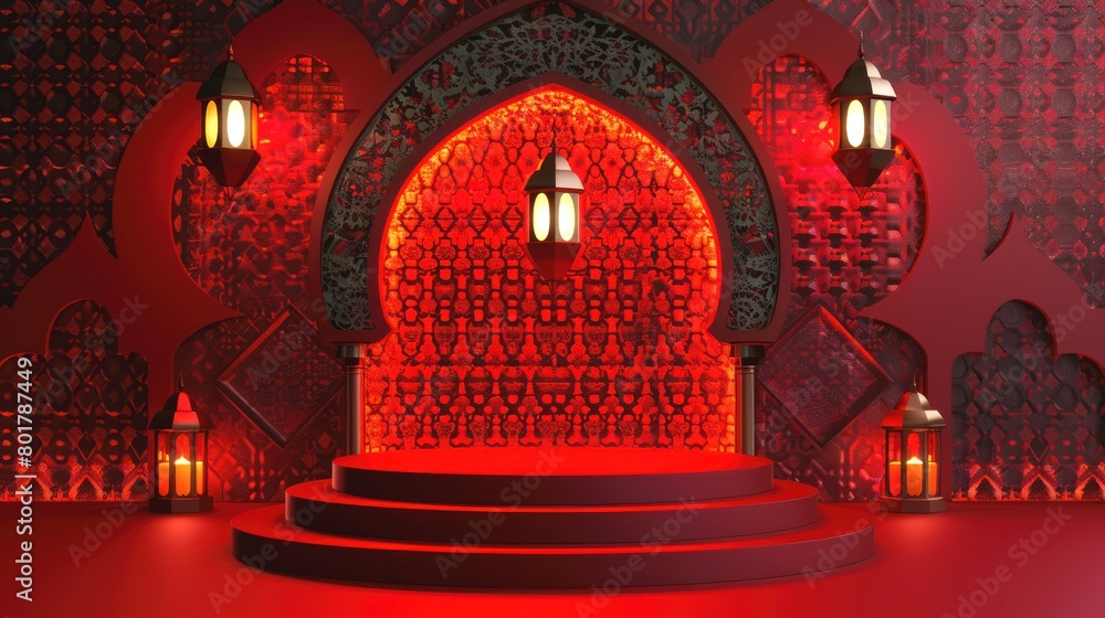 Ai Generative photo of a flat podium with ramadan lantern and Islamic decorations on the walls