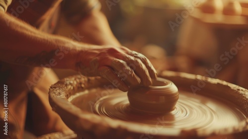 The soft sound of a potters wheel spinning blends with the chatter of a group of people enjoying a pottery session.