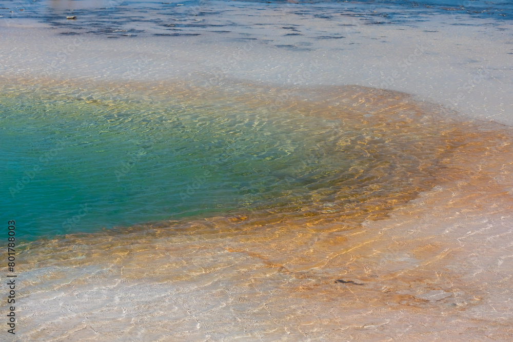 A thermal pool at the popular Grand Prismatic geysers tourist attraction. A thermal pool at the popular Grand Prismatic geysers tourist attraction.