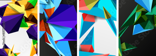 A series of colorful triangles align in a row, creating a vibrant textile pattern. This creative arts display showcases symmetry, tints and shades, with pops of electric blue