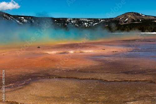A scenic view of the Grand Prismatic Geysers in Yellowstone National Park.