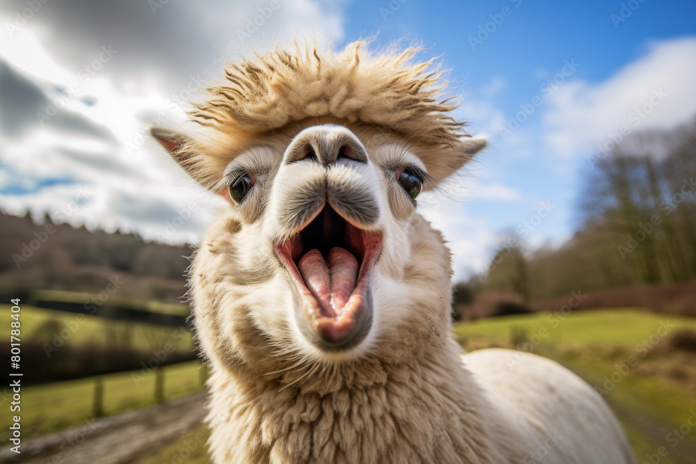Up Close View of an Excited Alpaca with Open Mouth in Pastoral Setting