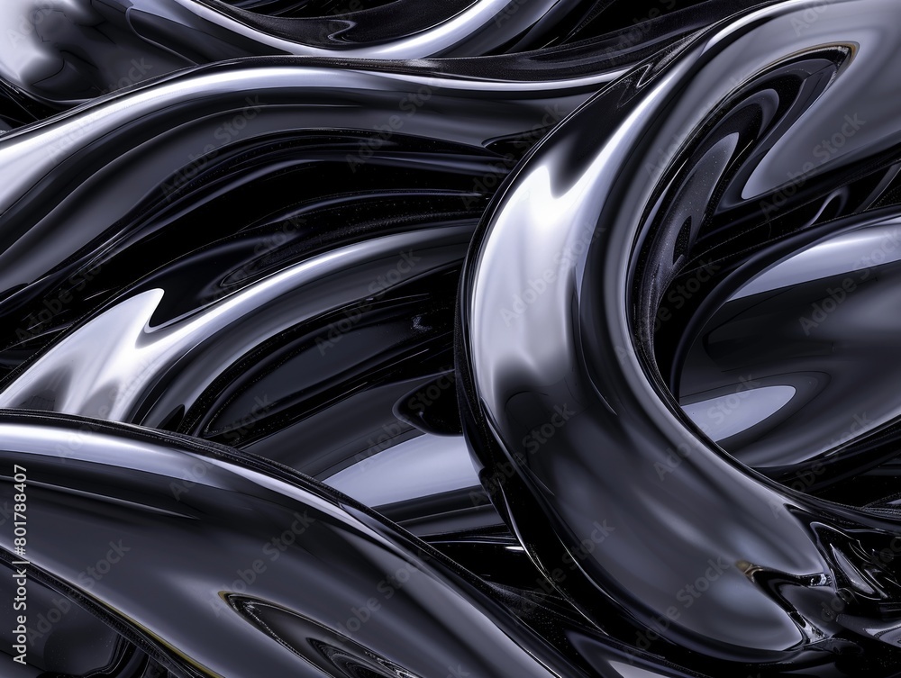Highresolution of a sleek, black 3D background composed of intertwined, glossy waves 