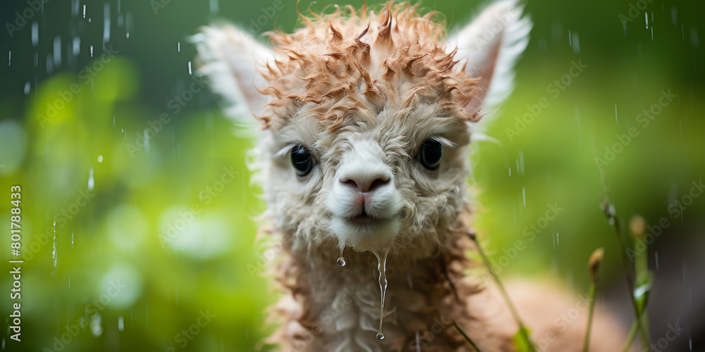 Obraz premium Close up Portrait of a Wet Alpaca Calf in Gentle Rain