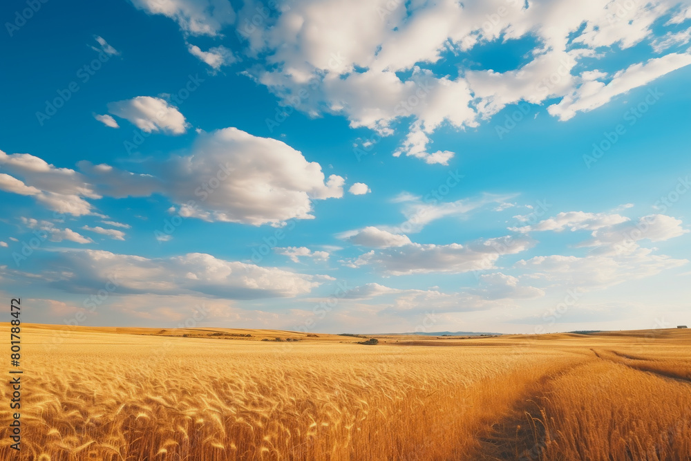 Golden Wheat Field Under Blue Sky With Fluffy Clouds Golden Wheat Field Under Blue Sky With Fluffy Clouds