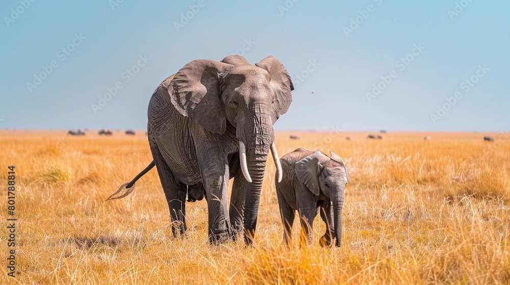 Elephant Mother Walking Side by Side with Her Calf in Savannah. Strong Bond and the wild beauty of nature. Maternal Care, Motherhood, Mothers Day. AI Generated Elephant Mother Walking Side by Side with Her Calf in Savannah. Strong Bond and the wild beauty of nature. Maternal Care, Motherhood, Mothers Day. AI Generated