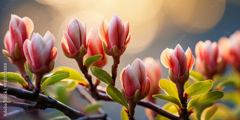 A group of pink flowers are blooming on a branch