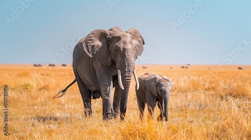 Elephant Mother Walking Side by Side with Her Calf in Savannah. Strong Bond and the wild beauty of nature. Maternal Care, Motherhood, Mothers Day. AI Generated © Tatsiana