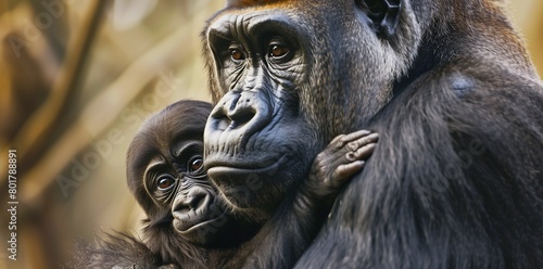 A mother gorilla cradling her infant