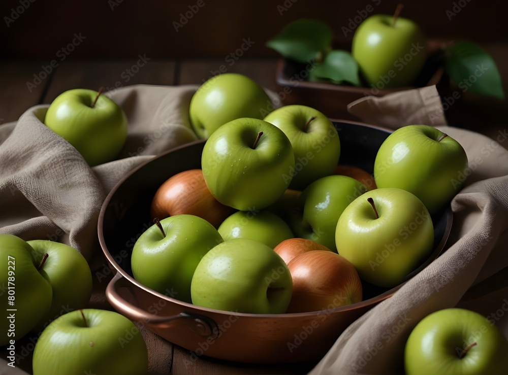 Copper pan with fresh green apples.
Copper pan with fresh green apples.
