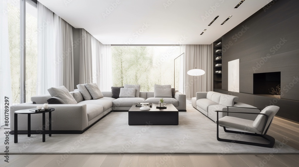 Fototapeta premium This living room captures the essence of modern minimalism, using subtle, calming rhythms in its layout and decor