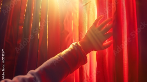 A child's hand reaching for a puppet theater curtain