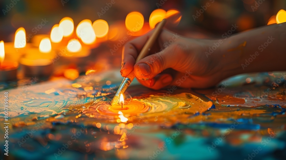 Obraz premium As the candles burn low the workshop takes on a mesmerizing glow bringing out the vibrant colors of the paintings being created. 2d flat cartoon.