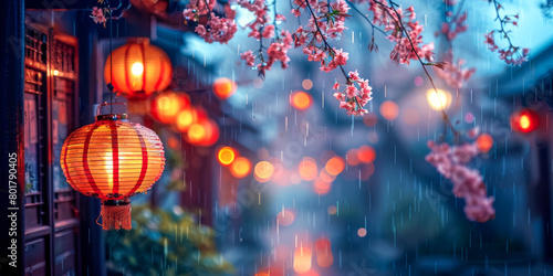 Wallpaper Mural Enchanting Rainy Evening with Glowing Red Lanterns and Blossoming Branches Torontodigital.ca