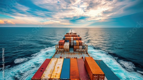 A massive container ship glides gracefully over the vast expanse of liquid beneath the captivating landscape of water, sky, and horizon. AIG41