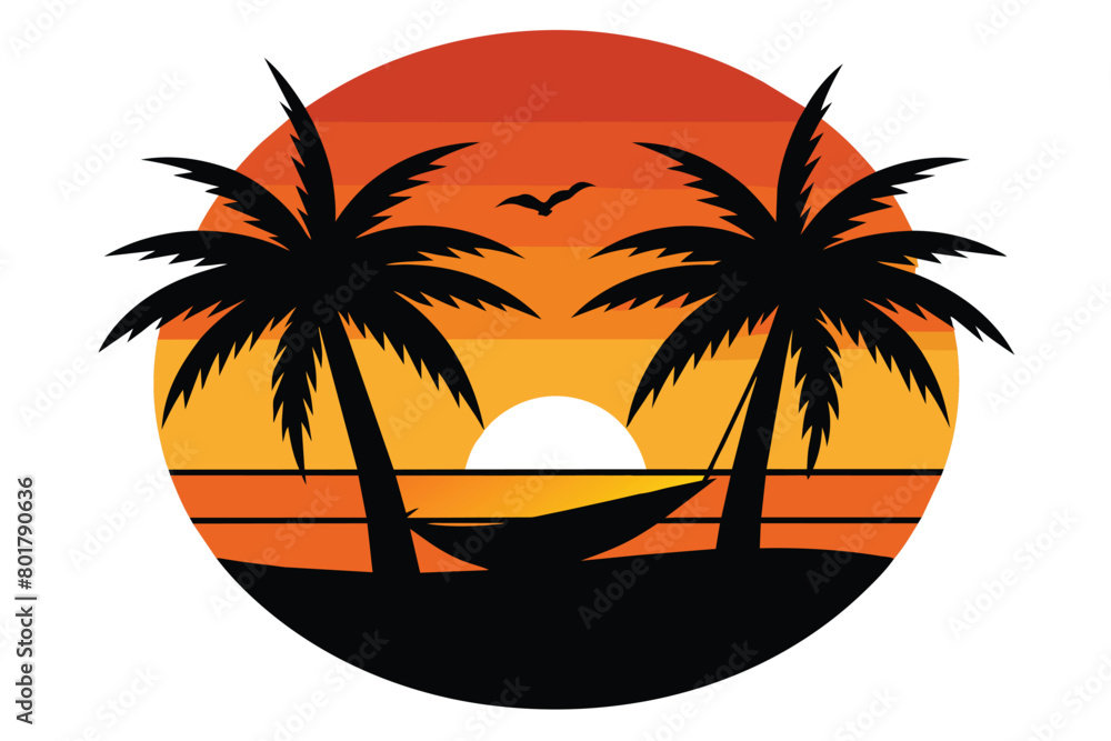 Silhouette art design of sea on sunset time and palm trees with a hammock Vectors design