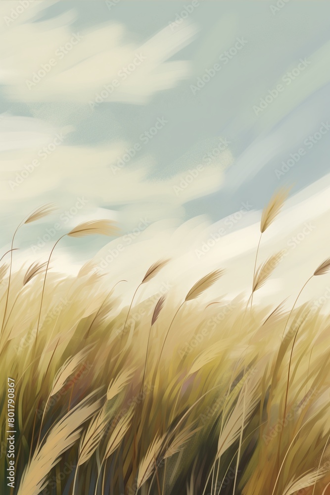 Obraz premium Artistic rendering of winds calming rhythms in a wheat field, illustrated with a clean, modern aesthetic