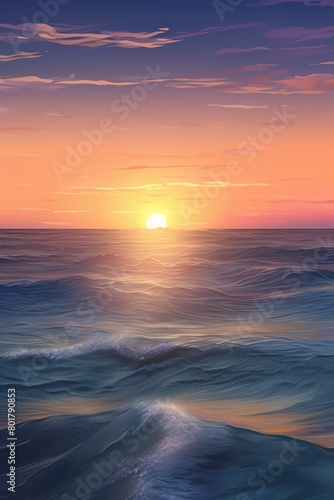 Artistic rendering of tranquil ocean waves at sunset, using modern techniques to convey the calming rhythms of nature