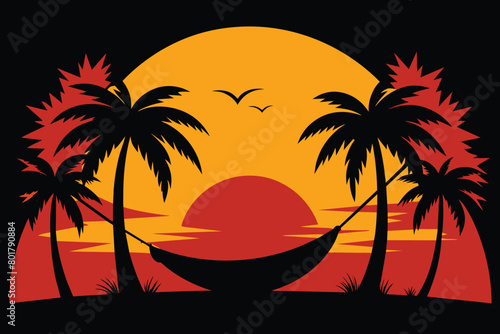 Silhouette art design of sea on sunset time and palm trees with a hammock Vectors design