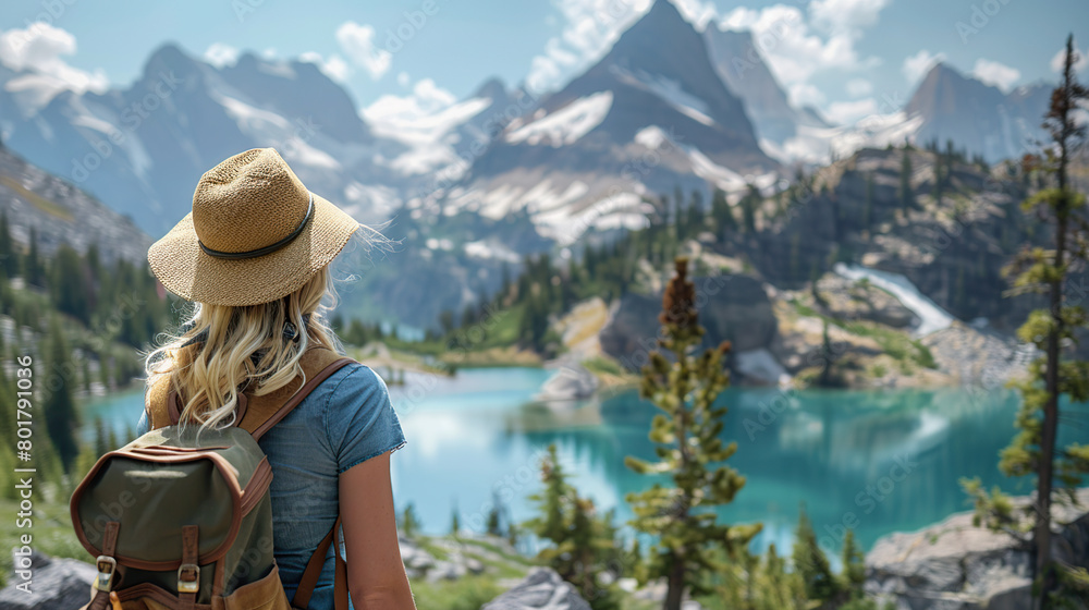 woman with a hat and backpack looking at the mountains and lake from the top of a mountain in the sun light, with a view of the mountains woman with a hat and backpack looking at the mountains and lake from the top of a mountain in the sun light, with a view of the mountains