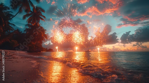 fireworks in the sky, background at a beach New Year's party