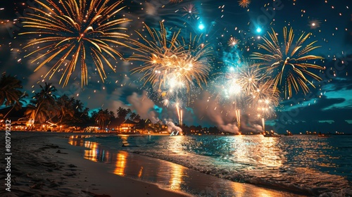 fireworks in the sky, background at a beach New Year's party