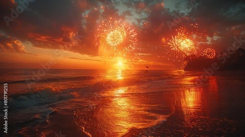 fireworks in the sky, background at a beach New Year's party © STOCKYE STUDIO