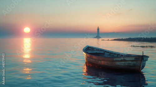 an ultra-realistic digital backdrop. The background is A tranquil ocean scene during twilight with soft pastel colors, a vintage wooden boat gently rocking on calm waters, and a guiding lighthouse in  photo